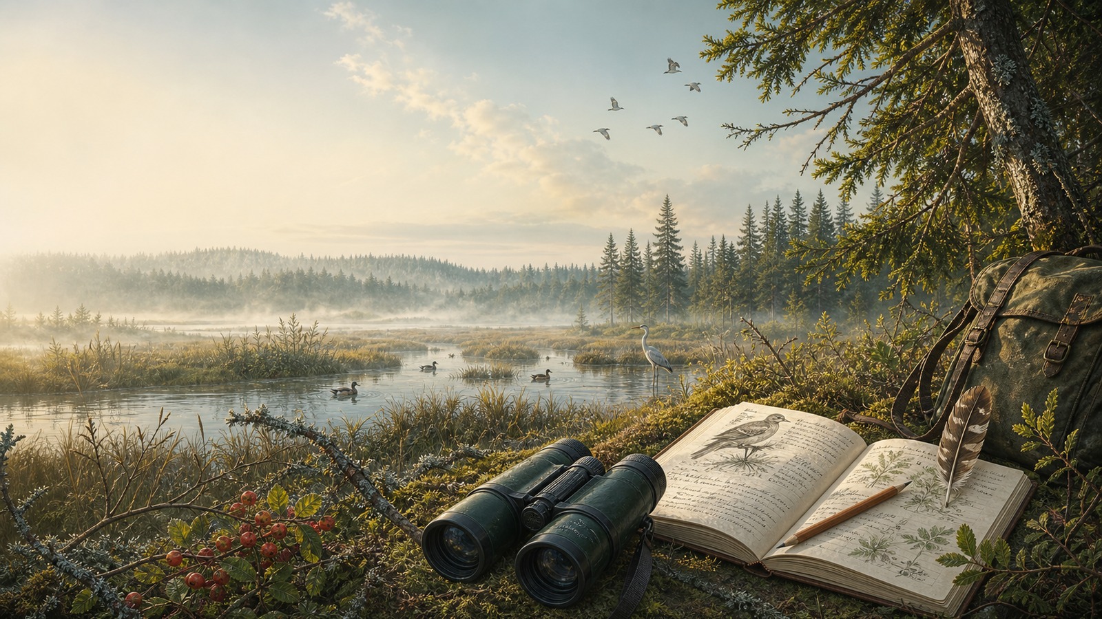 Field kit for birdwatching in a northern wetland
